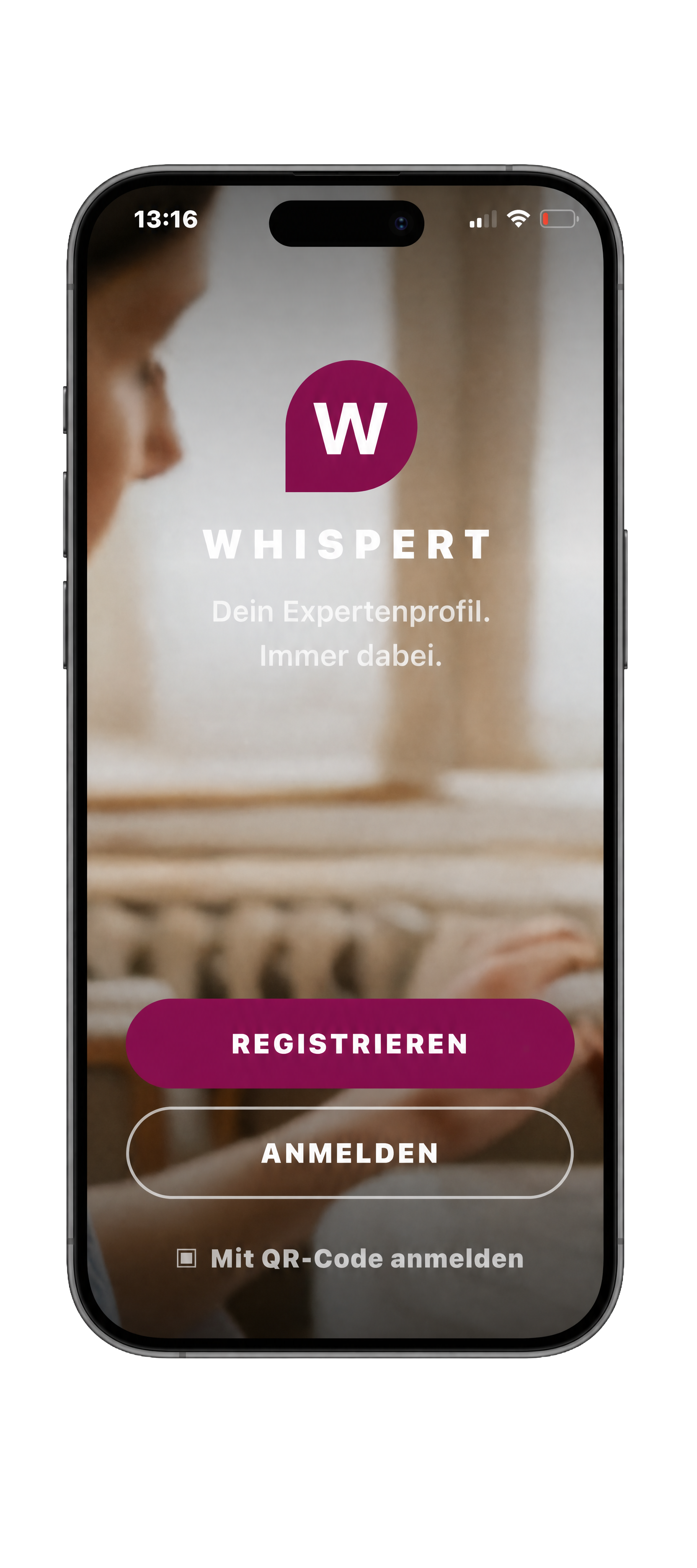 Whispert App Startbildschirm.