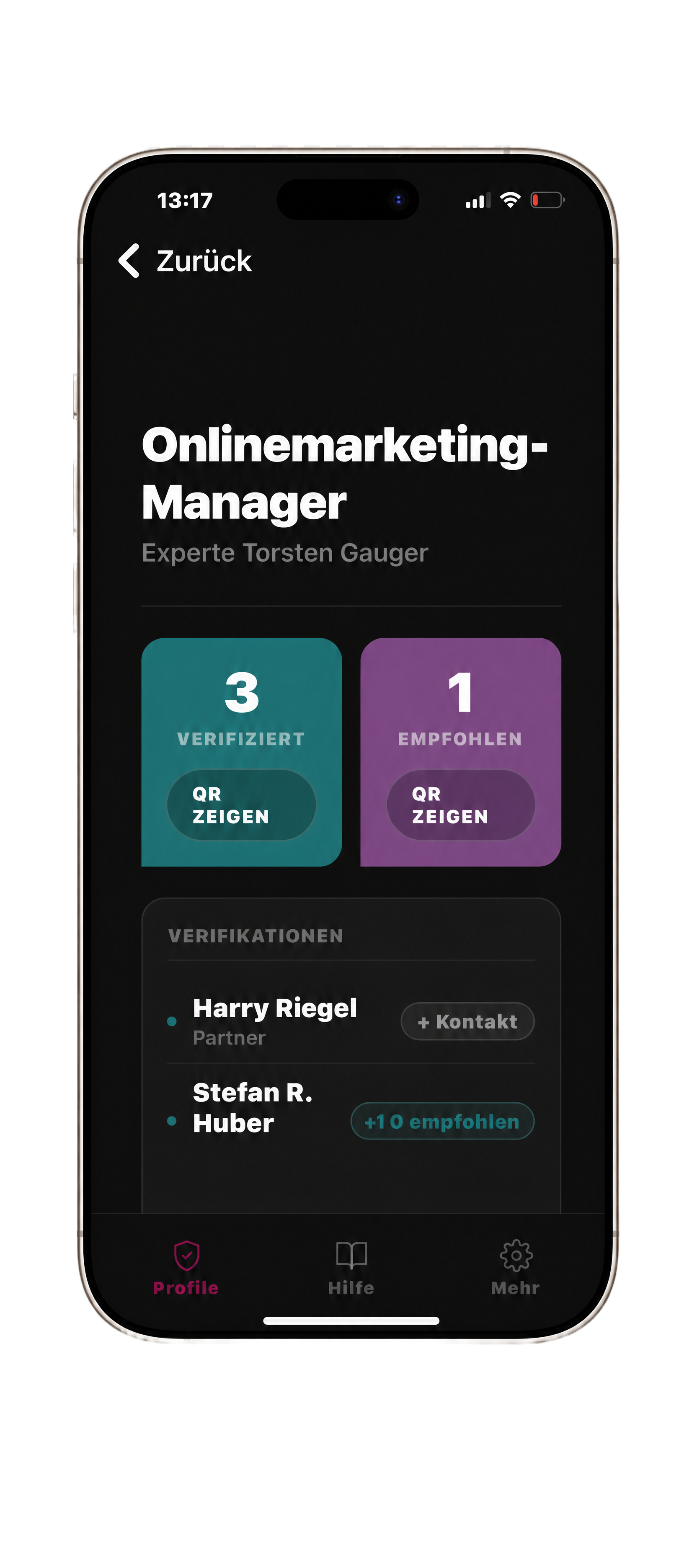Whispert App Profil-Detail — Verifikationen und Bestätigungen von Fachkollegen.